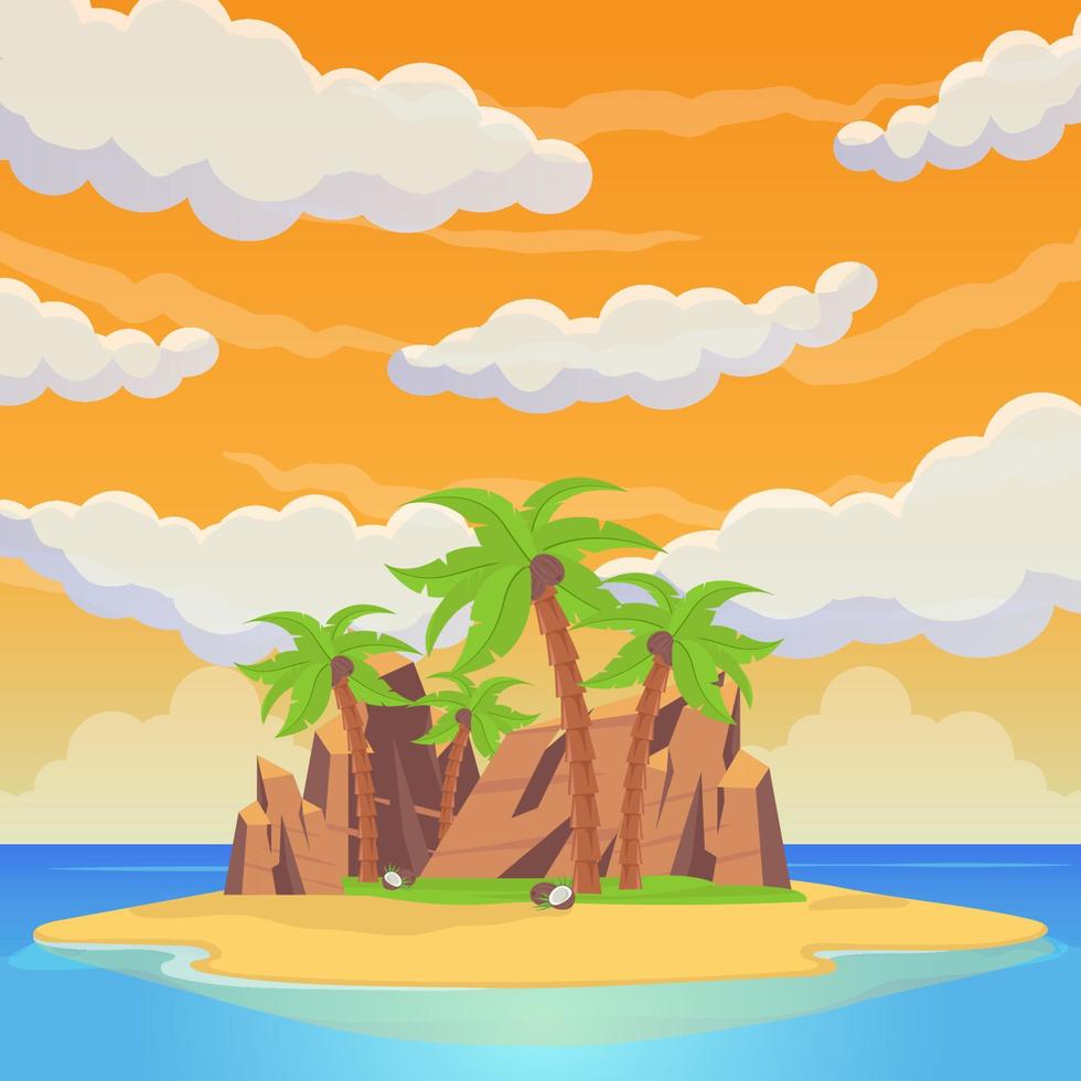 île tropicale au milieu de la mer. palmiers, plages de sable, rochers, statues, tentes et maisons rituelles. mer plage beau paysage vecteur
