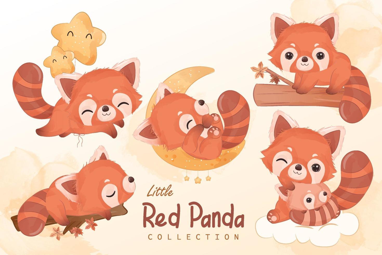 jolie petite collection de cliparts panda rouge en illustration aquarelle vecteur