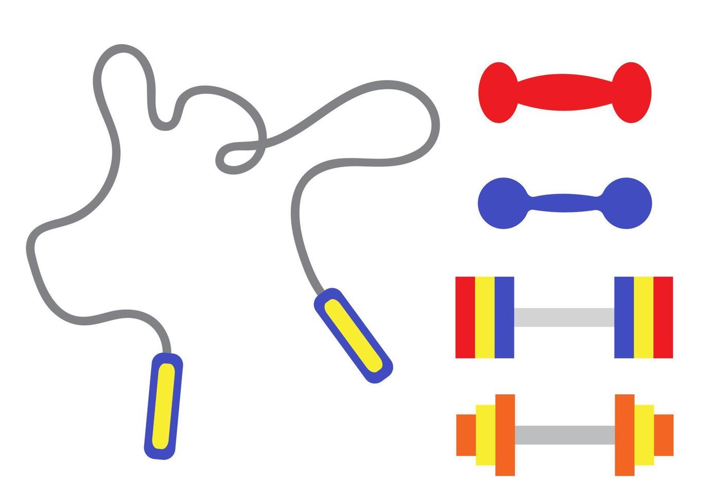 ensemble d'équipements de sport et de fitness. haltères colorés et corde à sauter. accessoires d'entraînement et d'exercices. outils d'entraînement à la maison et au gymnase. corde à sauter. concept de mode de vie sain. impression de style plat vecteur