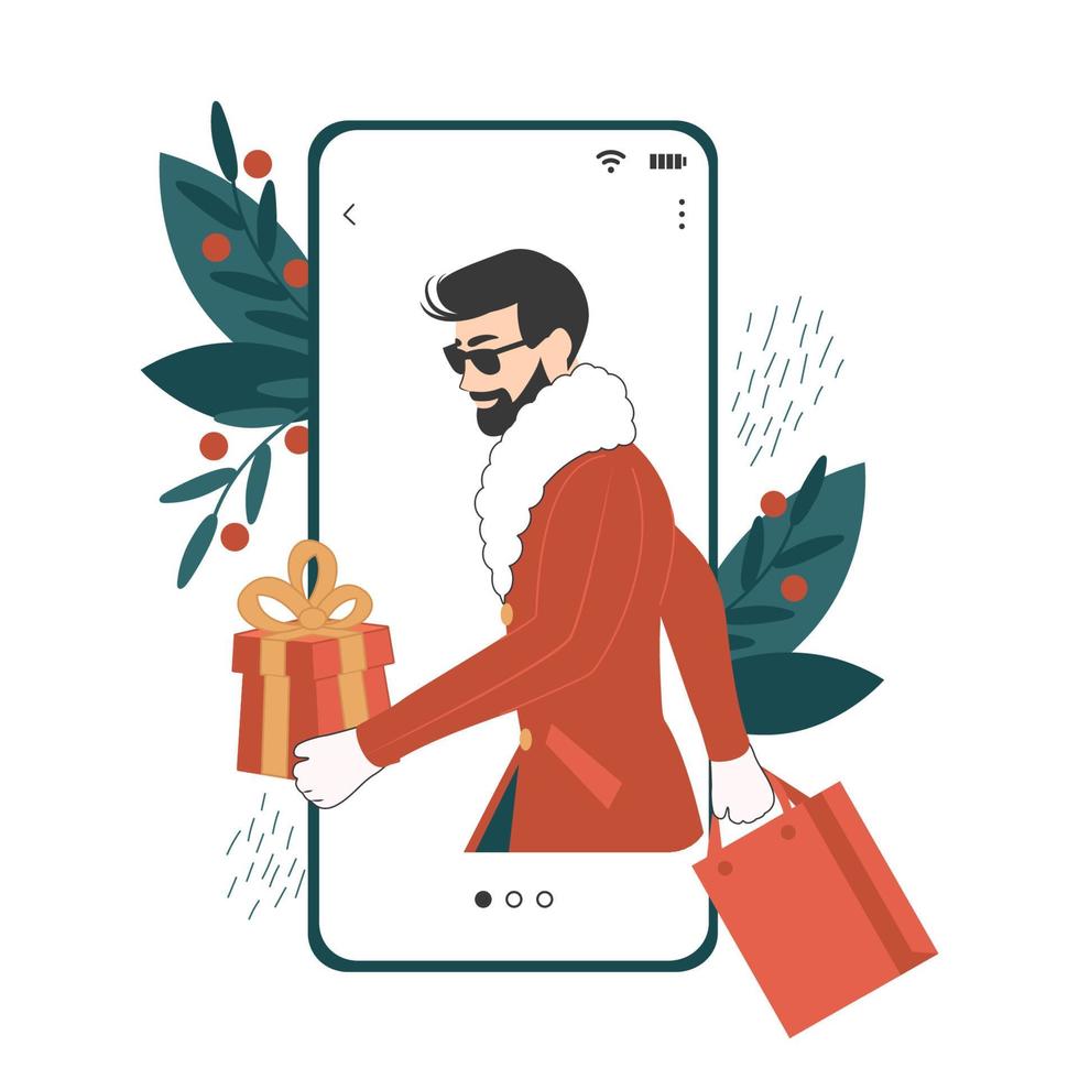 homme avec boîte-cadeau présent dans l'écran du smartphone. illustrations vectorielles à plat avec un gars faisant la publicité des marchés de Noël et des ventes dans l'application mobile. vecteur