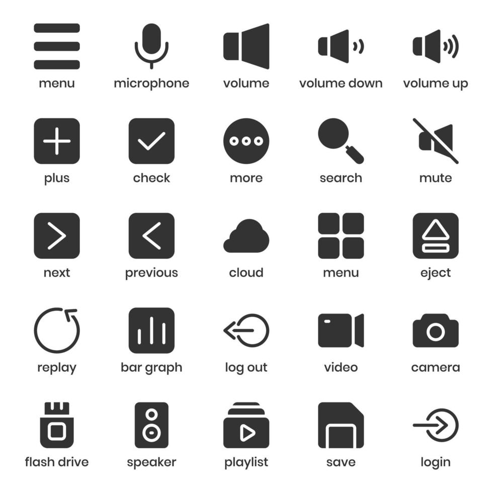 pack d'icônes de collection multimédia pour la conception, le logo, l'application, l'interface utilisateur de votre site Web. conception de glyphe d'icône de collection multimédia. illustration de graphiques vectoriels et trait modifiable. vecteur