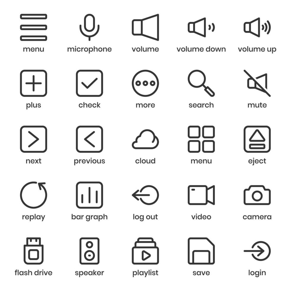 pack d'icônes de collection multimédia pour la conception, le logo, l'application, l'interface utilisateur de votre site Web. conception de contour d'icône de collection multimédia. illustration de graphiques vectoriels et trait modifiable. vecteur