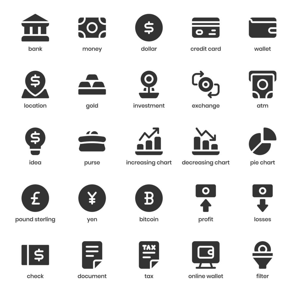 pack d'icônes de finances et de devises pour la conception, le logo, l'application, l'interface utilisateur de votre site Web. conception de glyphe d'icône de finance et de devise. illustration de graphiques vectoriels et trait modifiable. vecteur