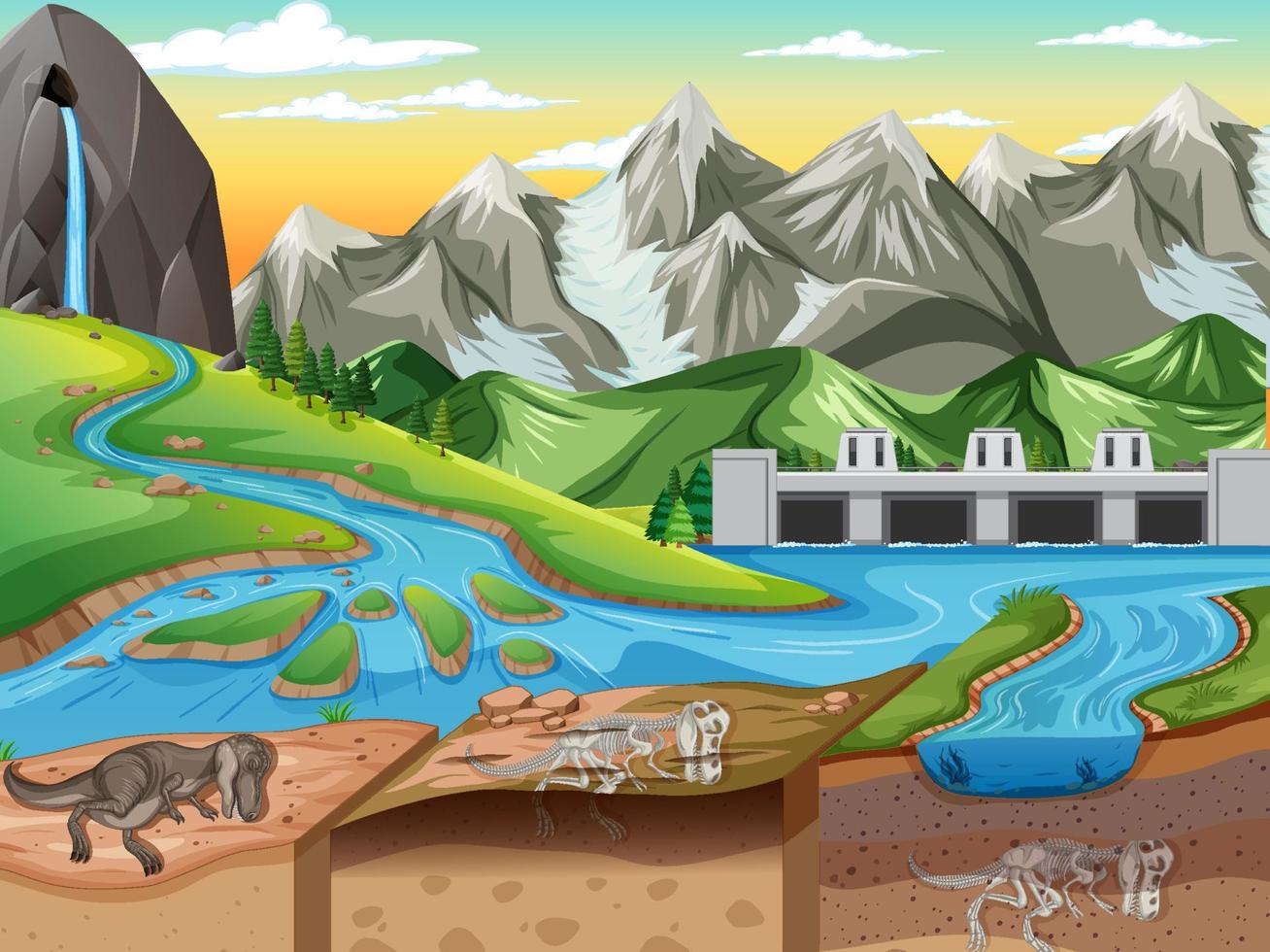 scène de paysage naturel pendant la journée avec des fossiles de dinosaures dans les couches de sol vecteur