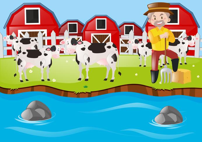 Agriculteur et vaches dans la basse-cour vecteur