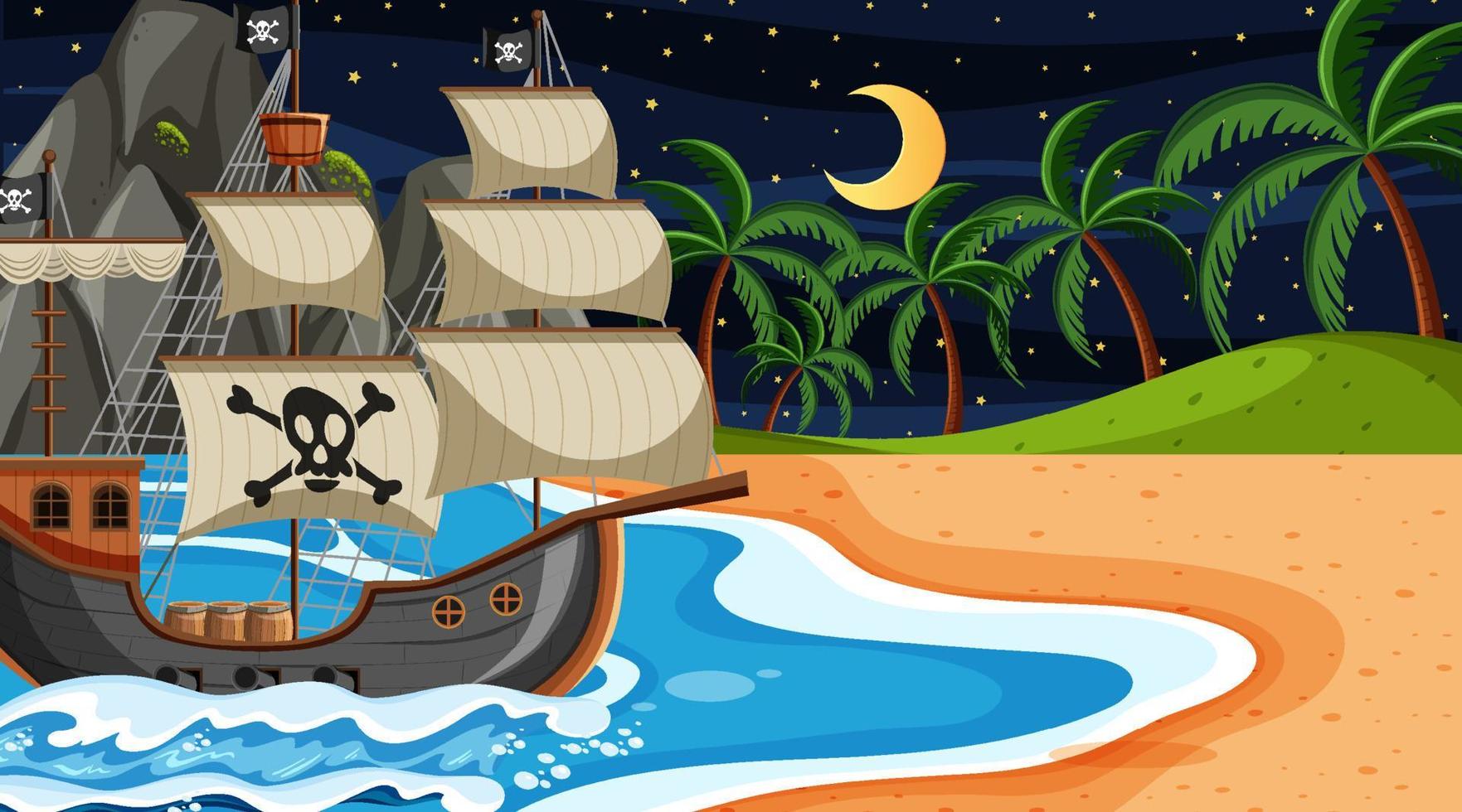 océan avec bateau pirate à la scène de nuit en style cartoon vecteur