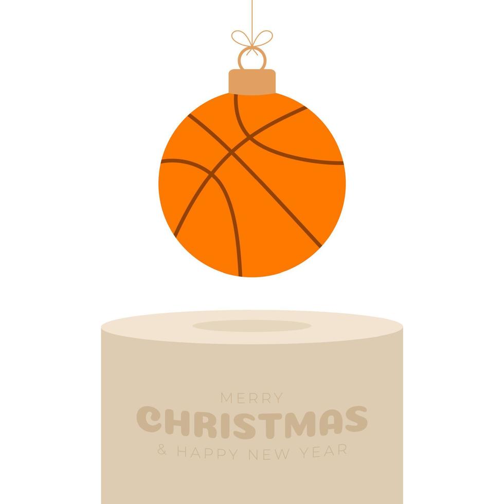 piédestal de boule de noël de basket-ball. carte de voeux de joyeux noël sport. accrocher sur un ballon de basket-ball de fil comme une boule de Noël sur un podium doré sur fond blanc. illustration vectorielle sportive. vecteur