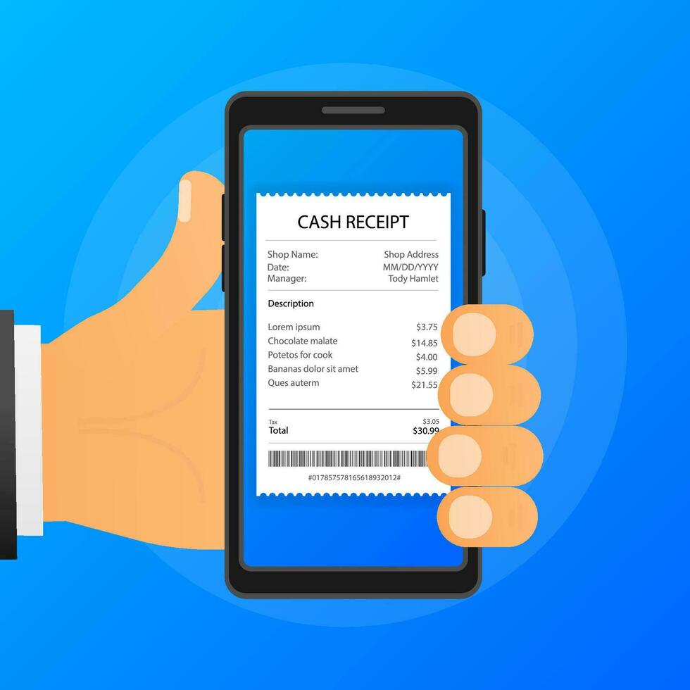 main détient téléphone avec en espèces le reçu sur écran sur bleu Contexte. vecteur illustration.