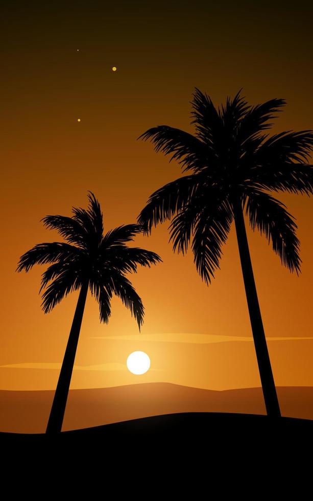 palmiers, silhouette, fond, à, orange, coucher soleil vecteur