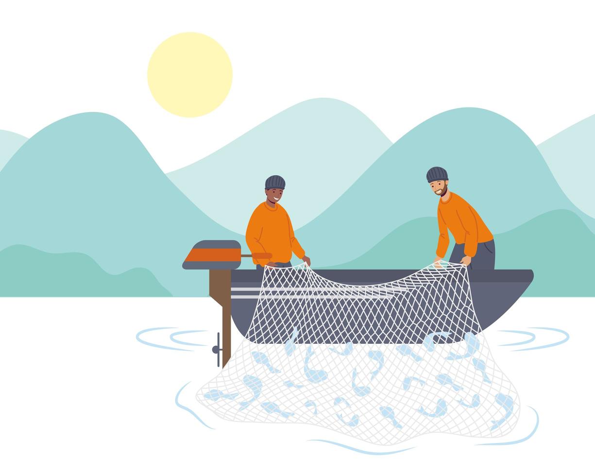 couple de pêcheurs dans le lac vecteur