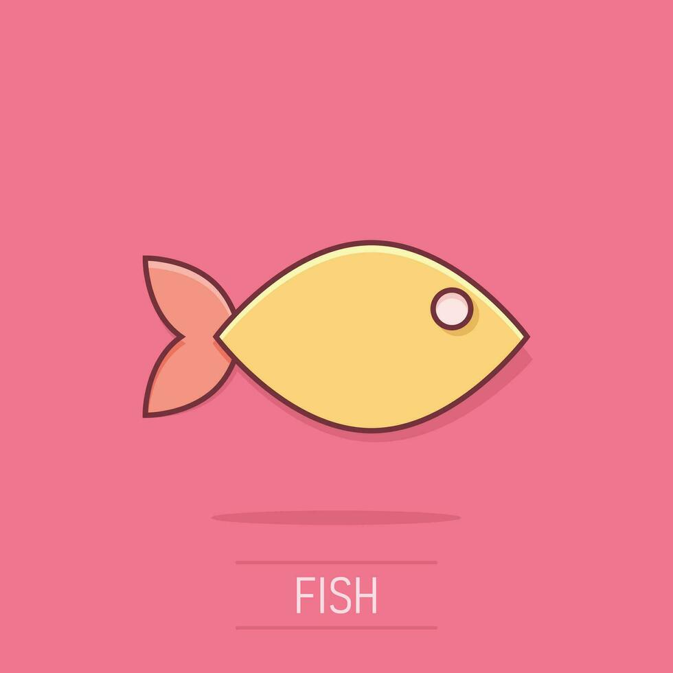 poisson signe icône dans bande dessinée style. poisson rouge vecteur dessin animé illustration sur isolé Contexte. Fruit de mer affaires concept éclaboussure effet.