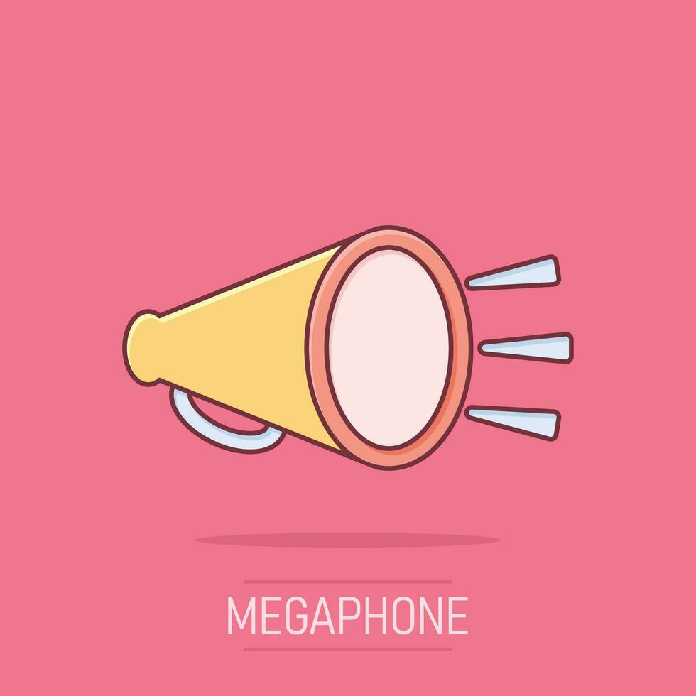 mégaphone orateur icône dans bande dessinée style. mégaphone vecteur dessin animé illustration sur isolé Contexte. crier annonce affaires concept éclaboussure effet.