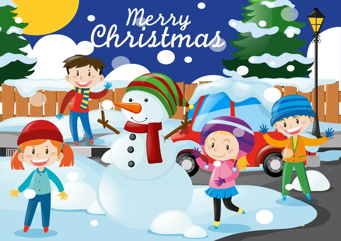 Thème de Noël avec les enfants et bonhomme de neige dans le village vecteur