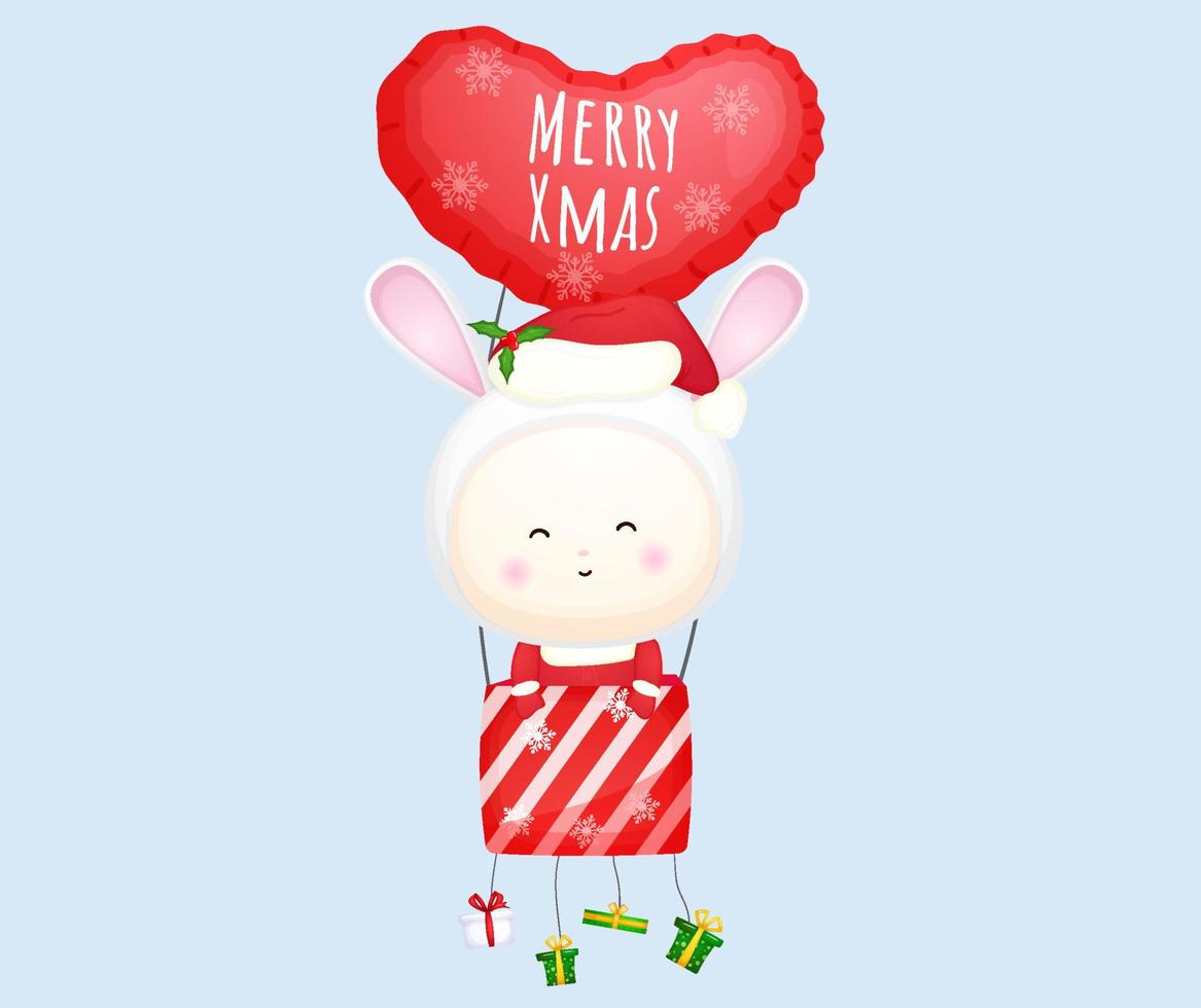 mignon bébé santa volant avec ballon à air pour joyeux noël illustration vecteur premium
