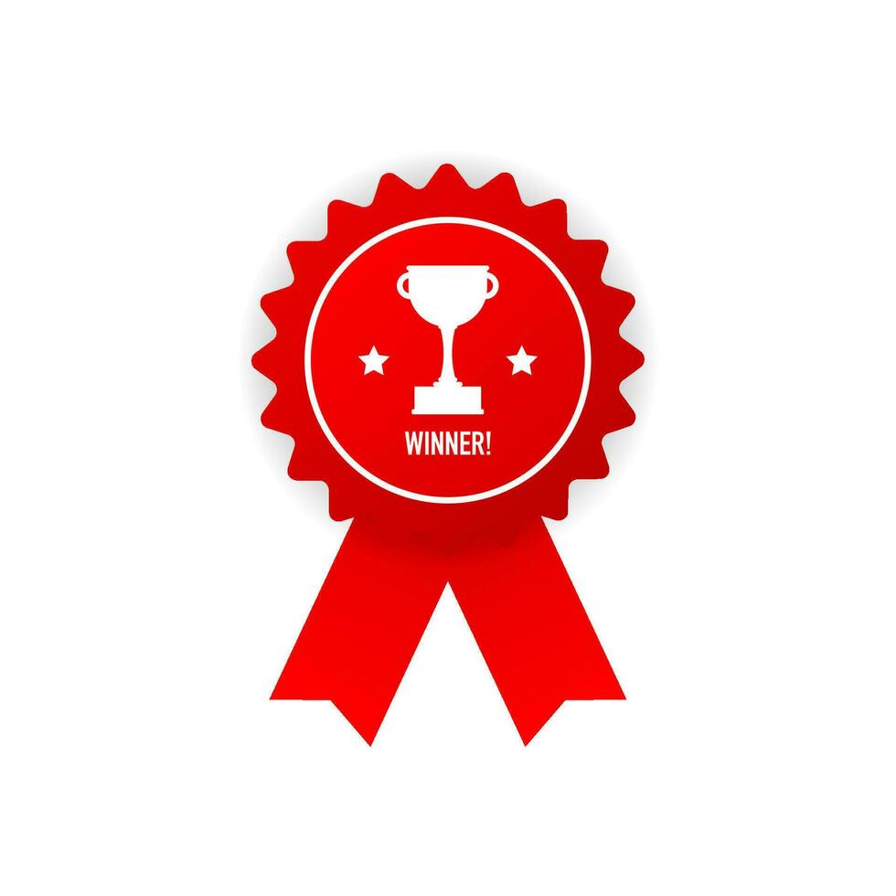 gagnant rouge caoutchouc badge avec rouge ruban sur blanc Contexte. réaliste objet. vecteur illustration.