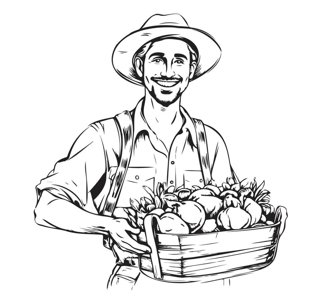 vecteur main tiré ancien style agriculteur en portant panier avec surgir des légumes et des fruits, local produire Naturel ferme illustration