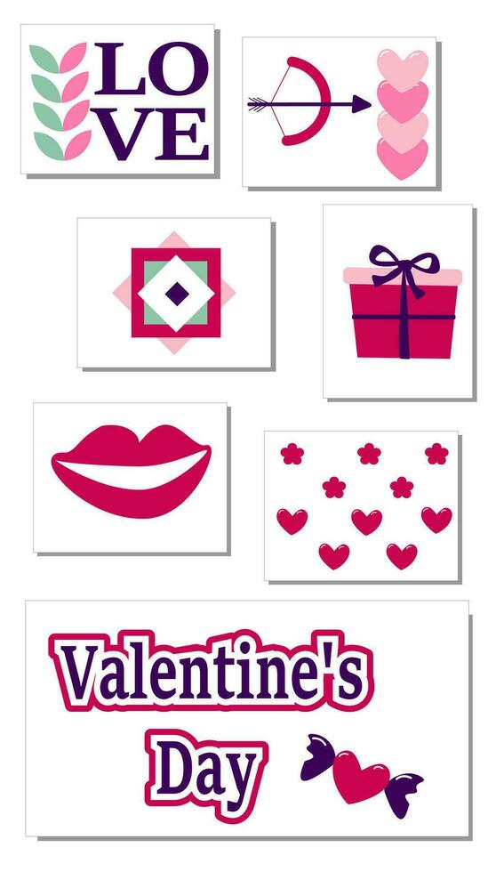 ensemble de la Saint-Valentin journée symboles, carte postale, cœur, une inscription aimer, bannière modèle vecteur illustration.