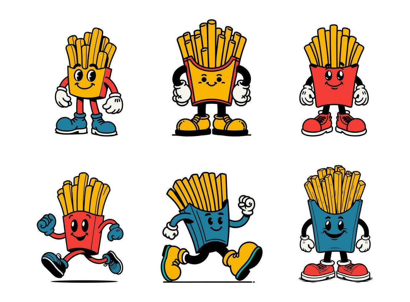 mignonne dessin animé français frites fonctionnement personnage ensemble. rétro dessin animé français frites. ancien dessin animé illustration. vecteur illustration.