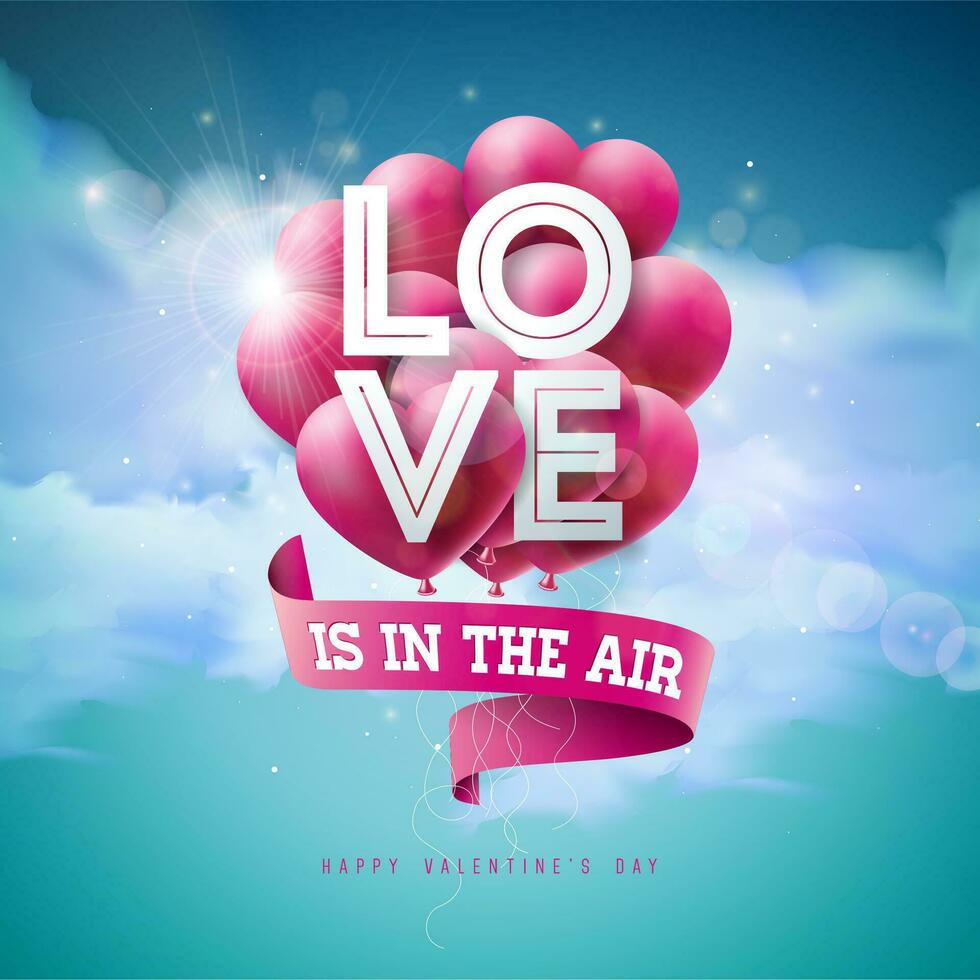 l'amour est dans le air. content valentines journée conception avec rouge ballon cœur, ruban et typographie lettre sur nuage ciel Contexte. vecteur mariage et romantique Valentin thème illustration