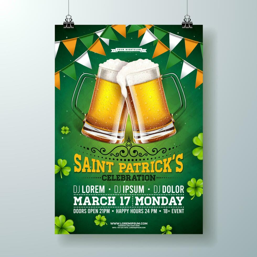 Saint patricks journée fête prospectus illustration avec bière, drapeau et trèfle sur vert Contexte. vecteur irlandais chanceux vacances conception pour fête affiche, bannière ou invitation