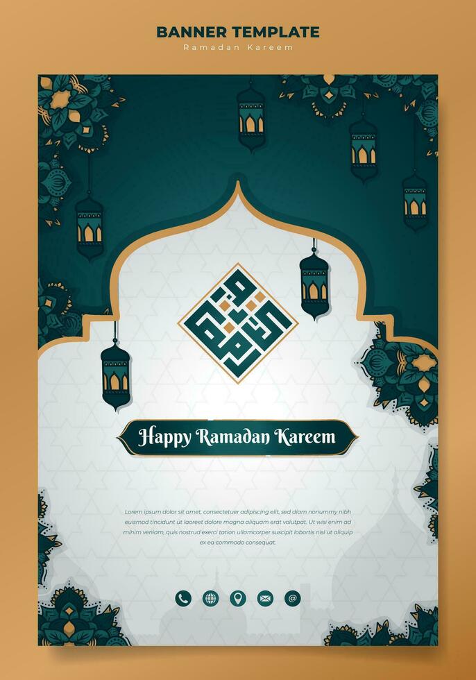 portrait Contexte dans vert blanc et or conception avec ornemental main tiré style et lanterne conception pour Ramadan vente publicité modèle vecteur