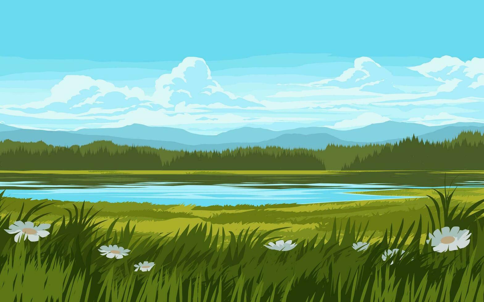 la nature paysage avec lac, prairie, et montagnes vecteur