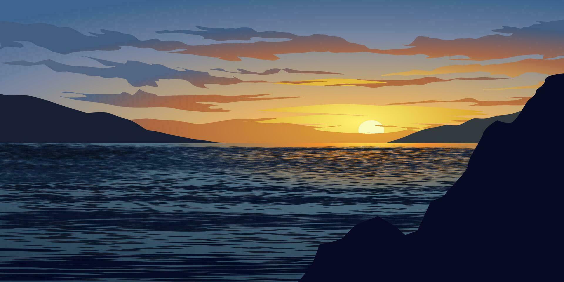 le coucher du soleil à Lac avec collines et rochers vecteur