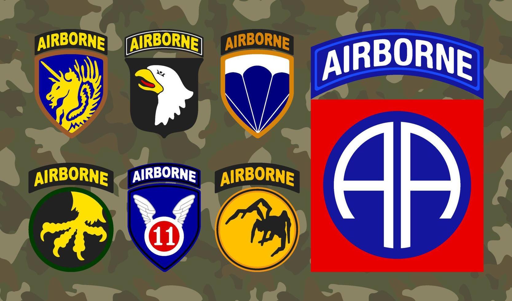 ensemble de patch d'unité aéroportée isolé sur fond de camouflage. illustration vectorielle. vecteur