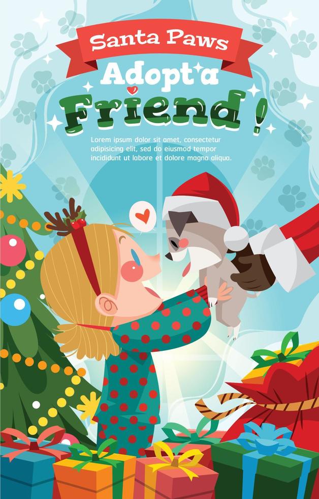 concept d'affiche de santa paws avec une petite fille adoptant un chiot vecteur