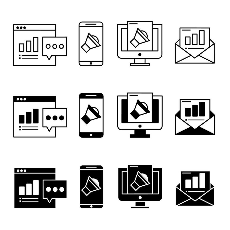 numérique commercialisation icône illustration collection. noir et blanc conception icône pour entreprise. Stock vecteur. vecteur