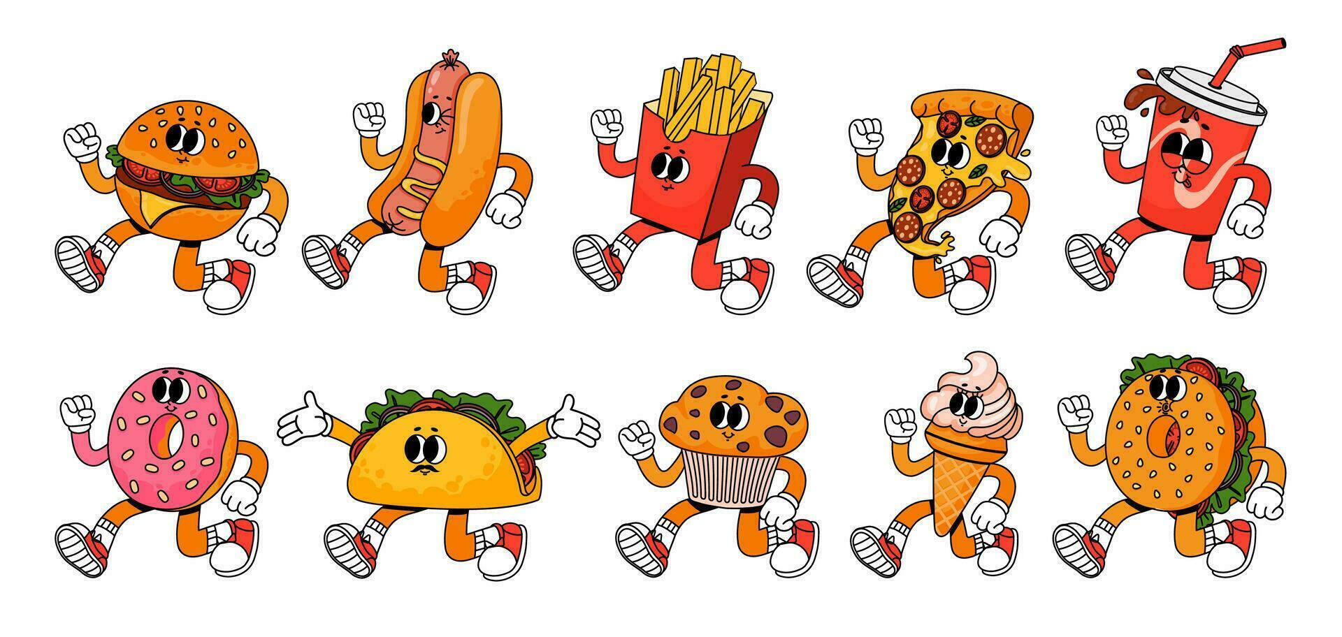 rétro dessin animé vite aliments. ancien Années 60 nourriture mascotte personnages. sensationnel Années 70 autocollants dans branché style. bande dessinée un soda, fou Burger, psychédélique chaud chien, mignonne Pizza affronter. vecteur ensemble