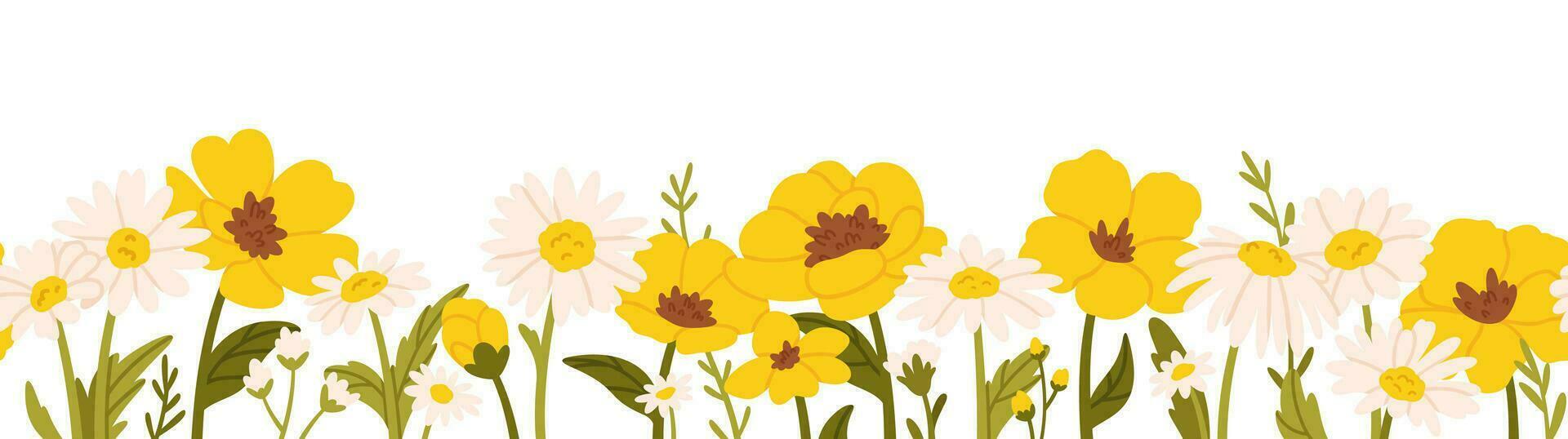 fleurs sauvages sans couture frontière. jardin printemps fleurs, floral horizontal décoration. blanc et Jaune magnifique marguerites et camomille avec vert feuilles vecteur illustration