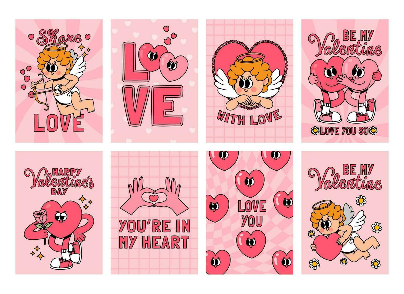 dessin animé valentines cartes. rétro 30s février vacances romantique carte postale avec marrant mascotte cœur personnages. sensationnel l'amour impression affiche avec citations et phrase. vecteur ensemble