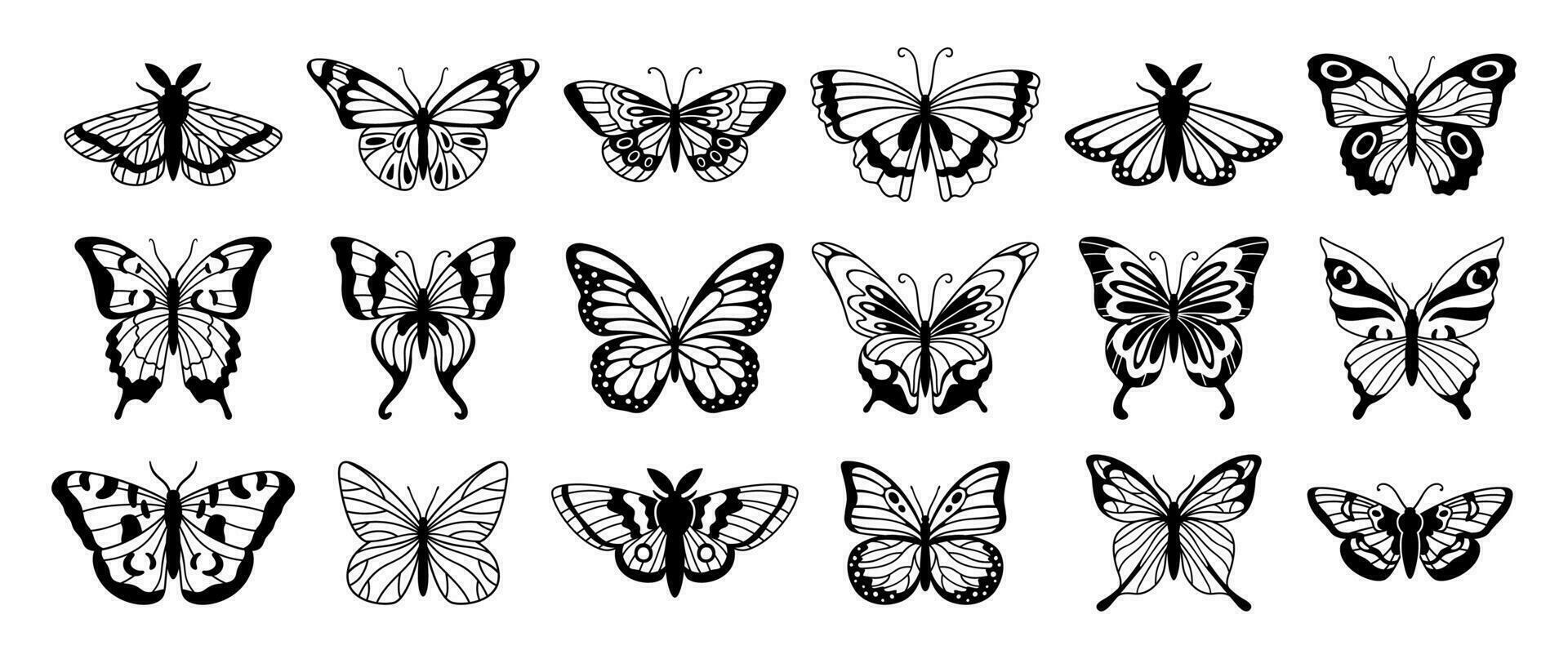 papillon silhouettes. mignonne printemps insectes avec ajouré ailes, en volant papillon. ailé insecte, divers détail magnifique papillon de nuit décoratif faune éléments. vecteur ensemble