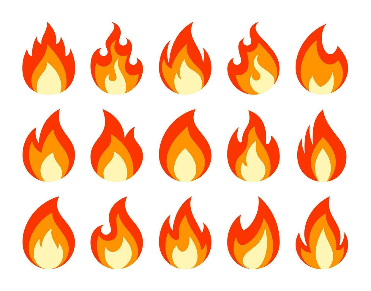 Feu émoji. feu de camp brûlant flamme, dessin animé chaud rouge feu, boule de feu abstrait cool impressionnant symbole. isolé incendies vecteur Icônes ensemble