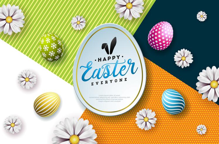 Illustration vectorielle de joyeuses fêtes de Pâques avec oeuf peint, oreilles de lapin et fleur de printemps vecteur