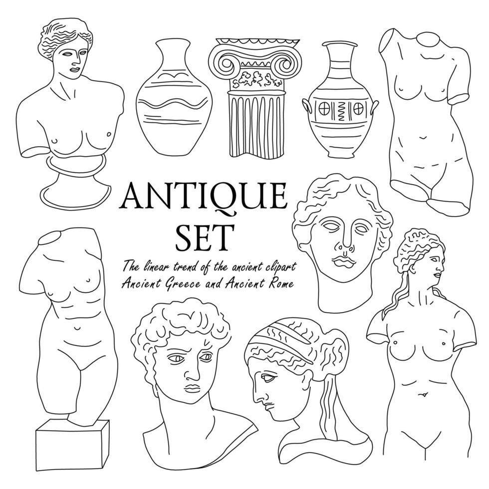 la grèce antique et la rome ont défini la tradition et la culture de la collection d'ensembles vectoriels. la tendance linéaire des cliparts antiques, de la Grèce antique et de la Rome antique. vecteur