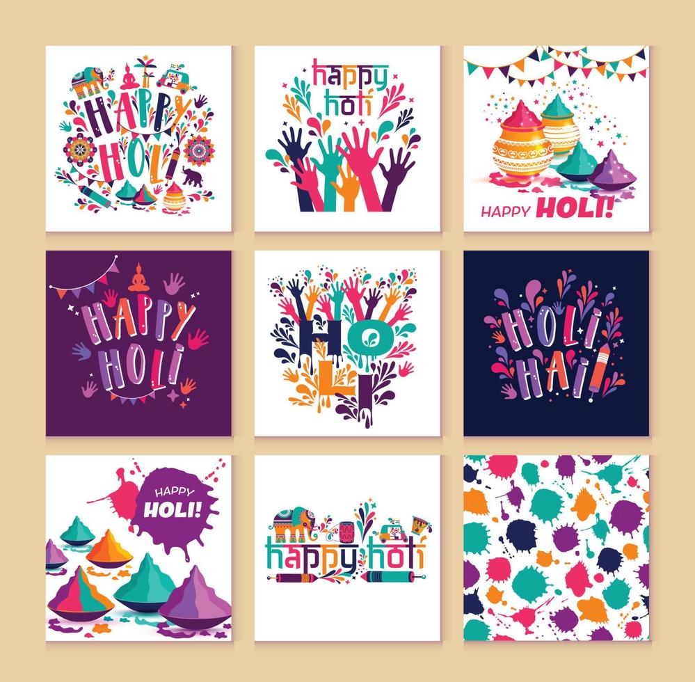 Éléments de vecteur joyeux holi pour la conception de cartes, conception joyeux holi avec icône colorée sur 9 cartes