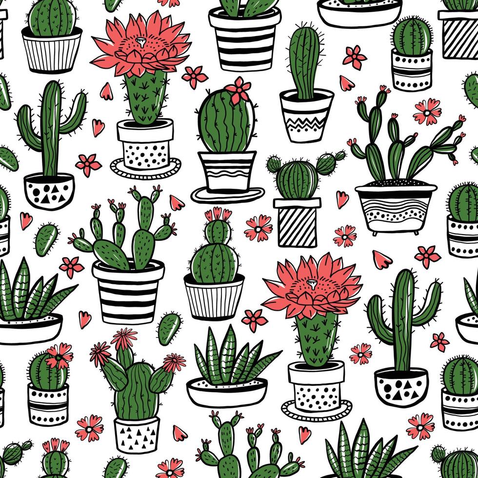 cactus et succulentes motif harmonieux dessinés à la main dans le style de croquis. doodle couleurs fleurs en pots. plantes d'intérieur de maison mignonne colorée de vecteur. vecteur