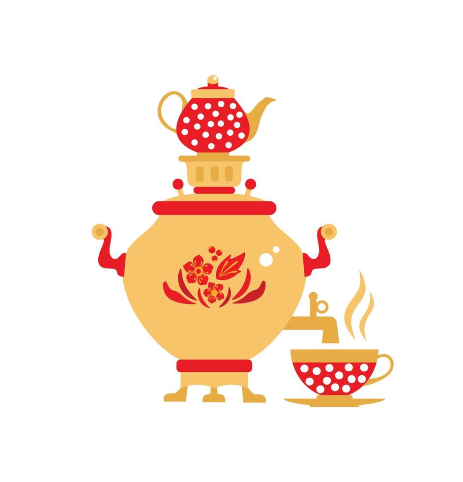 Récipient en métal chauffé auto-chaudière samovar à thé vintage traditionnellement utilisé en russie. illustration vectorielle en style cartoon isolé sur blanc. vecteur