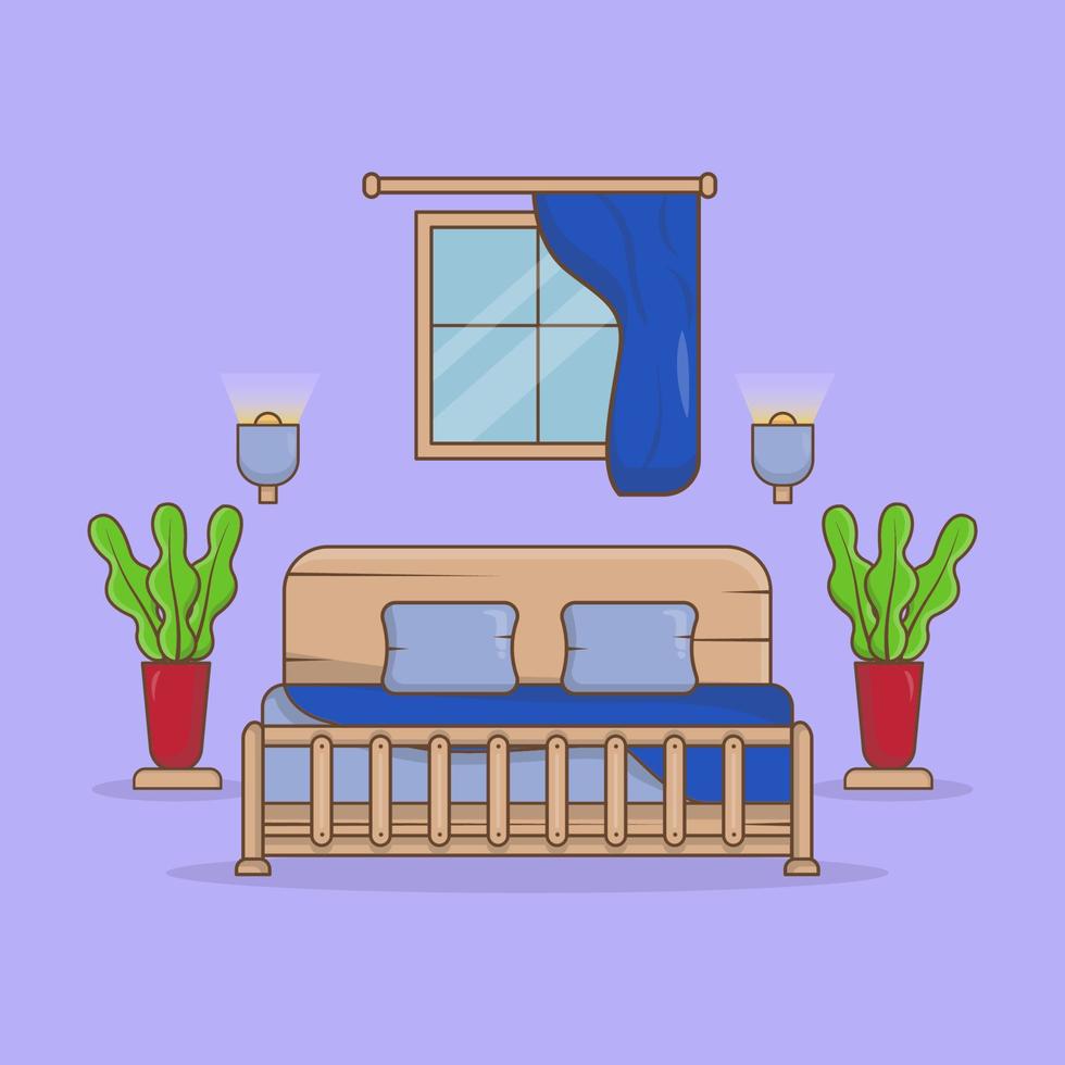 chambre classique avec lit simple, lampe et plantes décoratives. vecteur