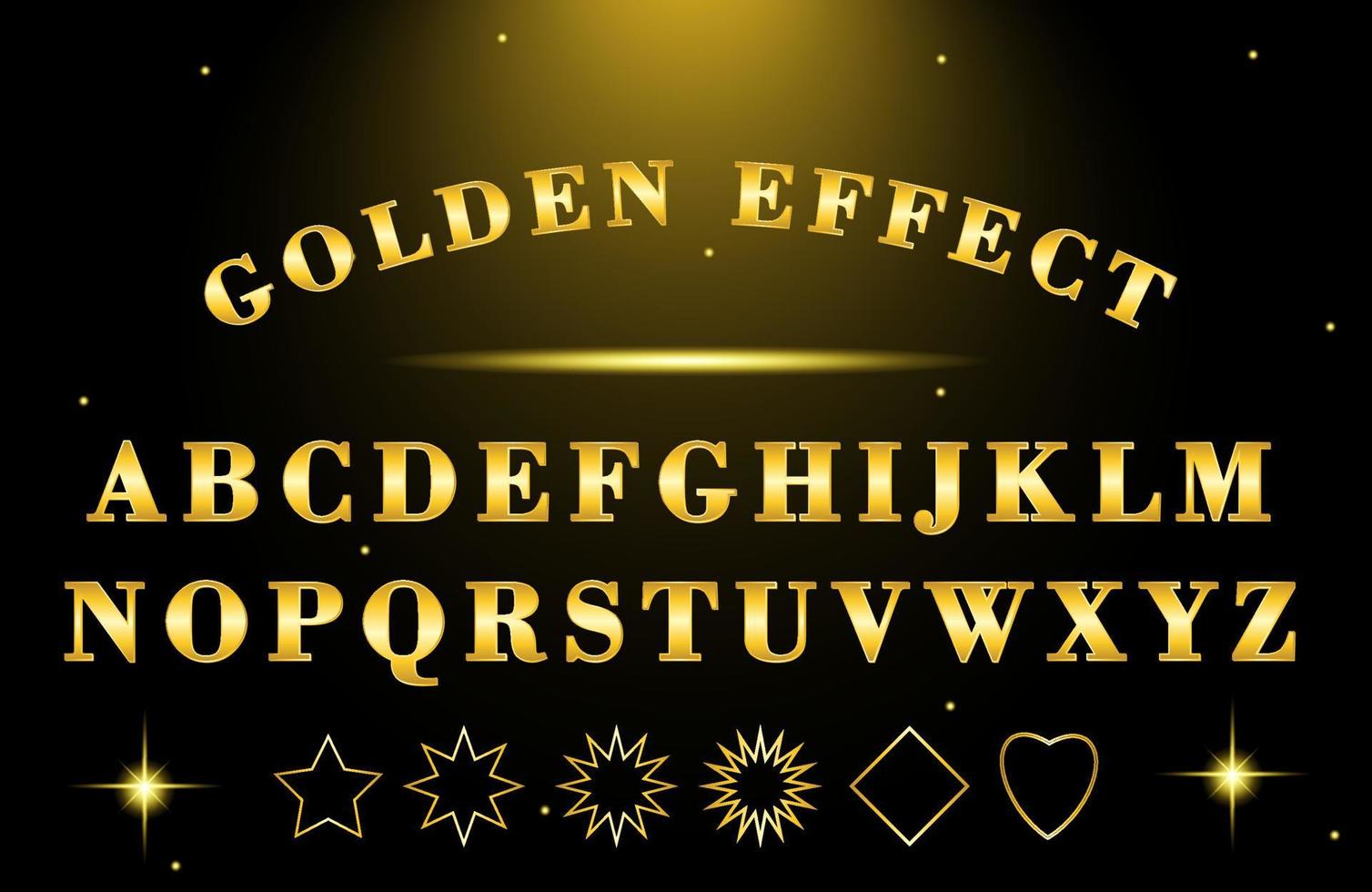 effet de police tridimensionnel brillant doré avec forme dorée et lumière des étoiles vecteur
