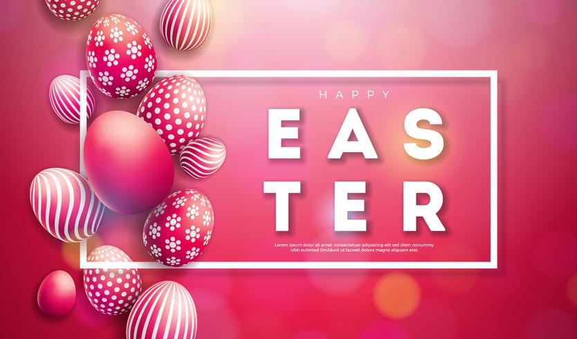 Illustration vectorielle de bonnes vacances de Pâques avec des oeufs peints sur fond rouge brillant. vecteur
