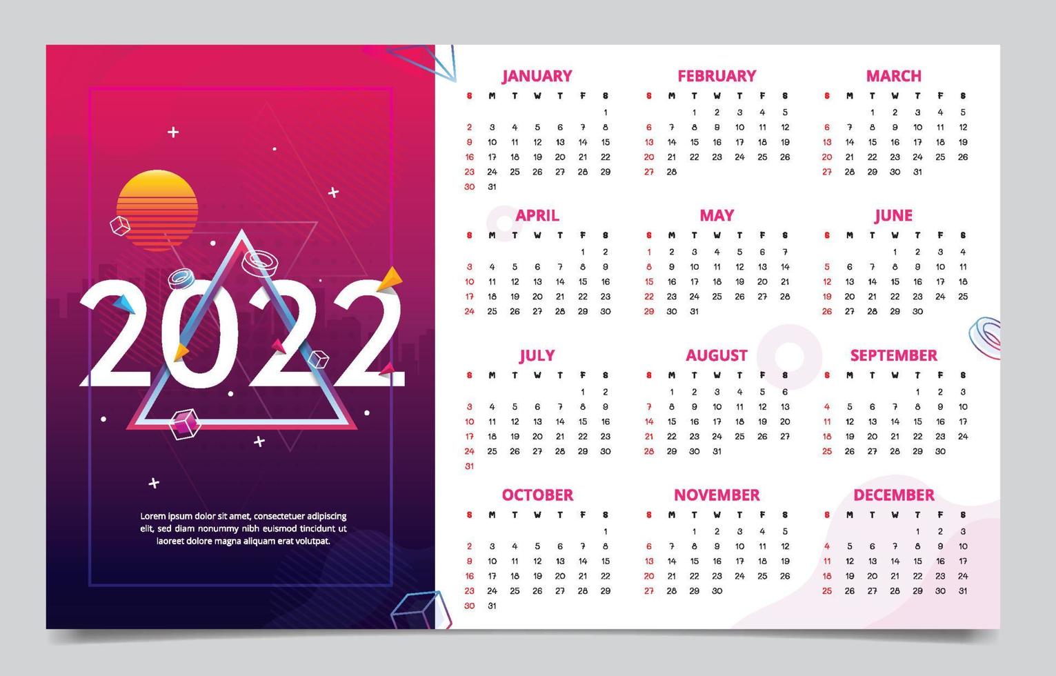 Modèle de calendrier 2022 avec thème de formes abstraites vecteur