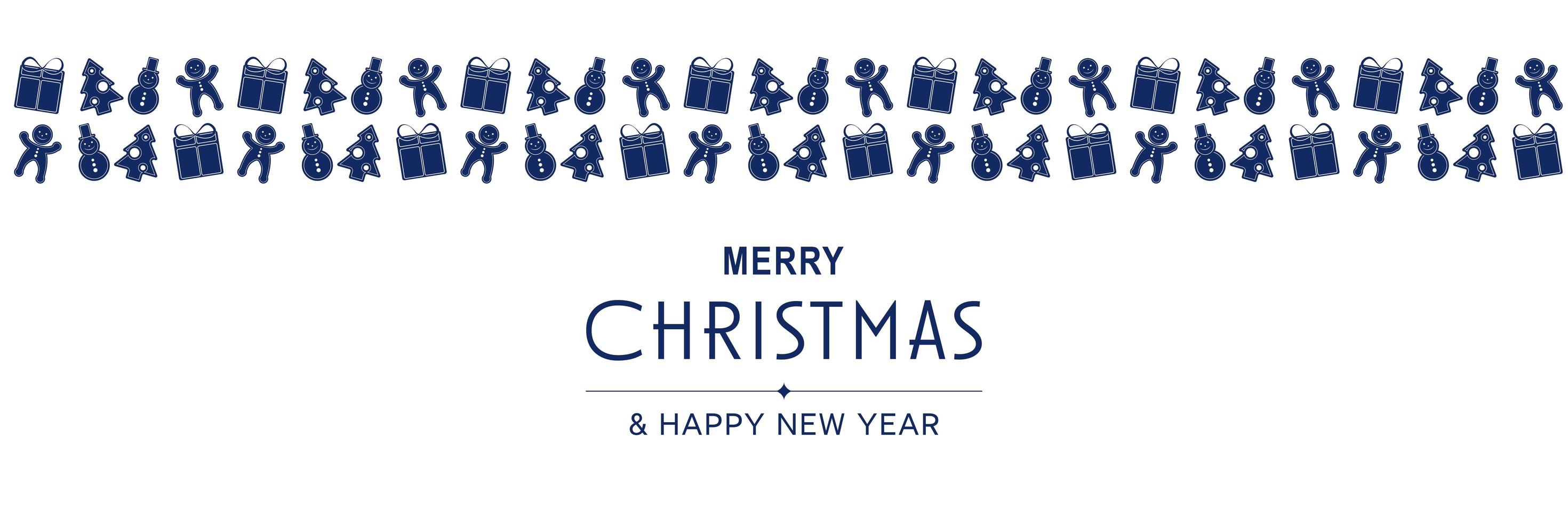 affiche de joyeux noël et nouvel an 2022. bannière minimale de Noël avec motif bleu avec bonhommes de neige, arbres, cadeaux, pains d'épice et texte sur fond blanc. illustration vectorielle pour la conception de cartes de voeux vecteur