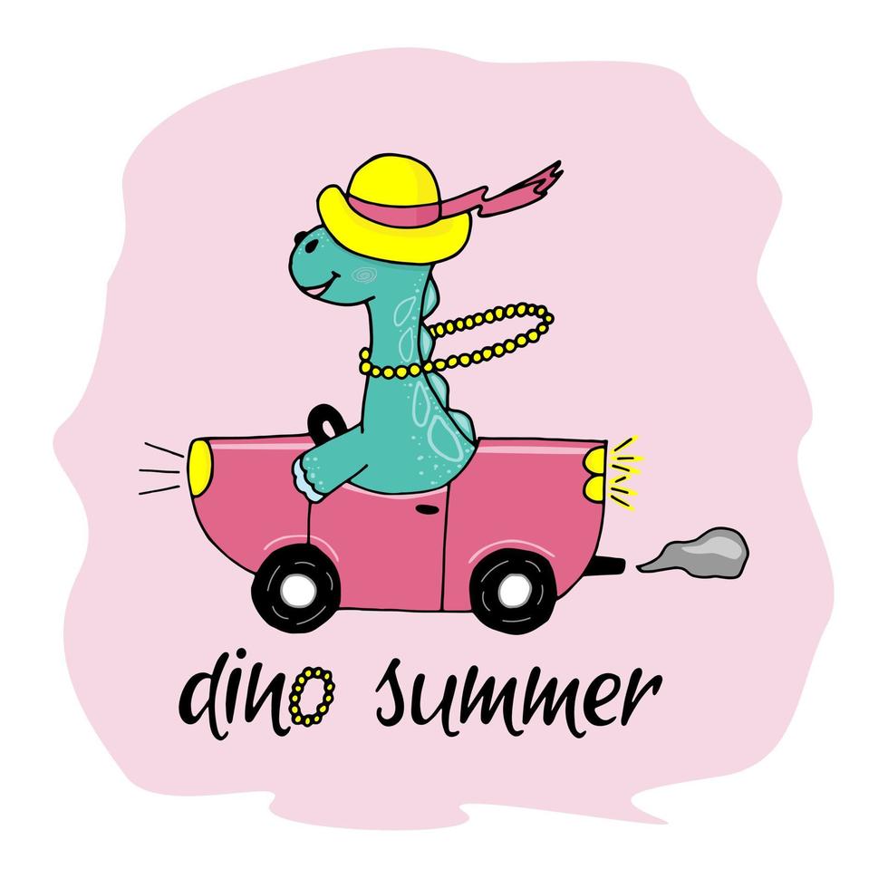 dinosaure de dessin animé mignon monte voiture, vecteur d'illustration.