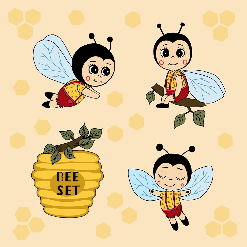 dessin animé mis abeilles et ruches. illustration vectorielle dessin à la main. utilisez ce clipart pour créer des invitations à une fête prénatale, de l'art de la pépinière, des anniversaires, des cartes de voeux, des vêtements pour enfants. vecteur