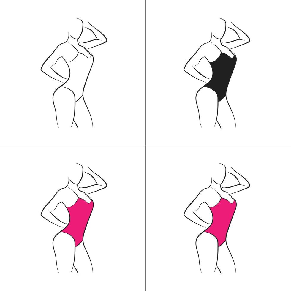 silhouette et dessin au trait du corps de la belle femme et de la collection de modèles de logo de fitness féminin vecteur