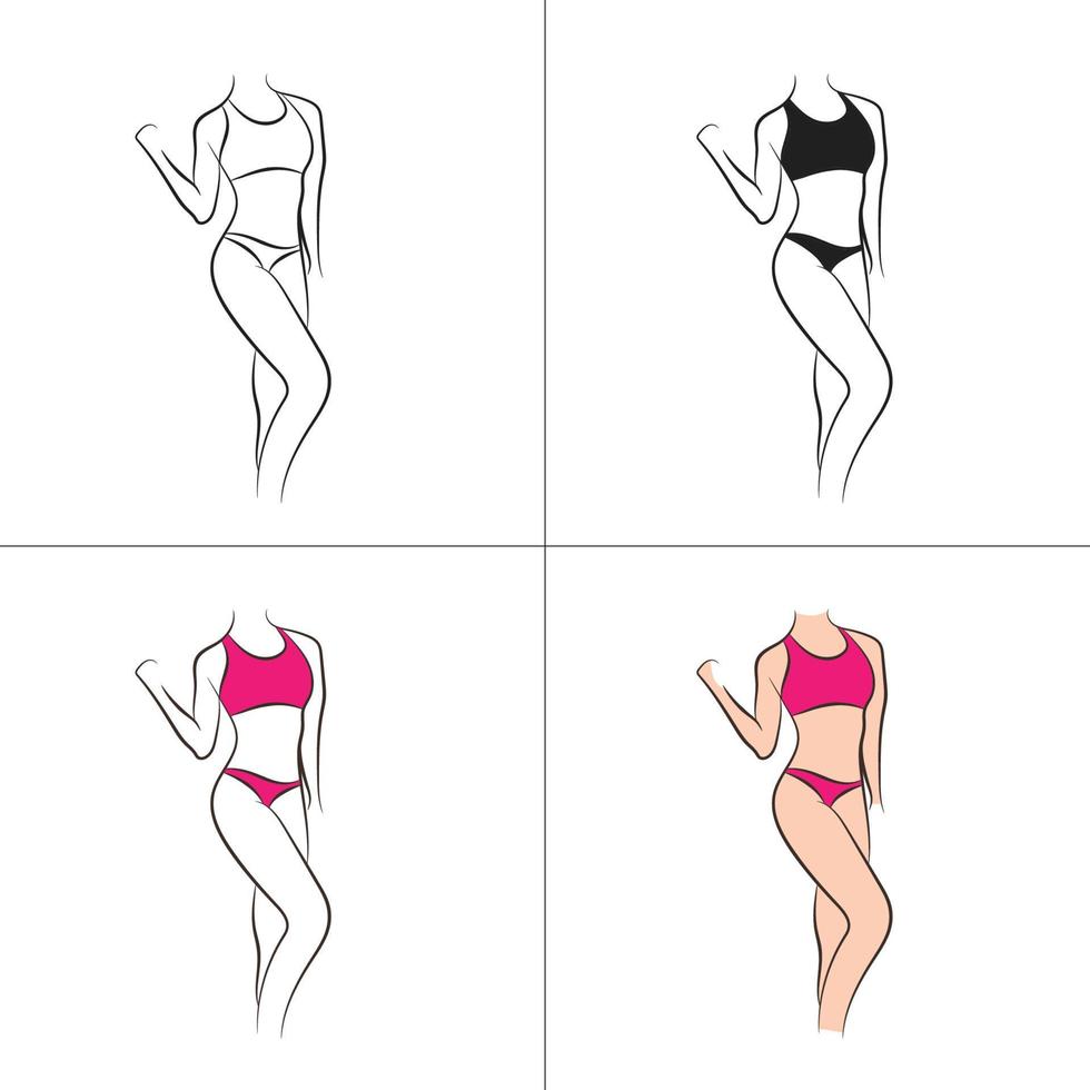 silhouette et dessin au trait du corps de la belle femme et de la collection de modèles de logo de fitness féminin vecteur