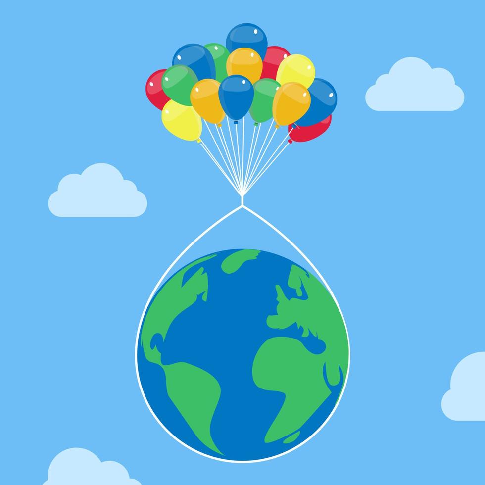 planète terre volant avec des ballons colorés dans le ciel. illustration vectorielle conceptuelle avec métaphore et fantaisie. vecteur